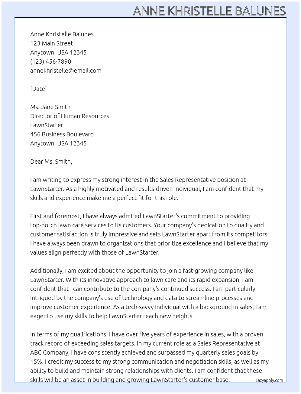 Sales Representative  At LawnStarter Cover Letter