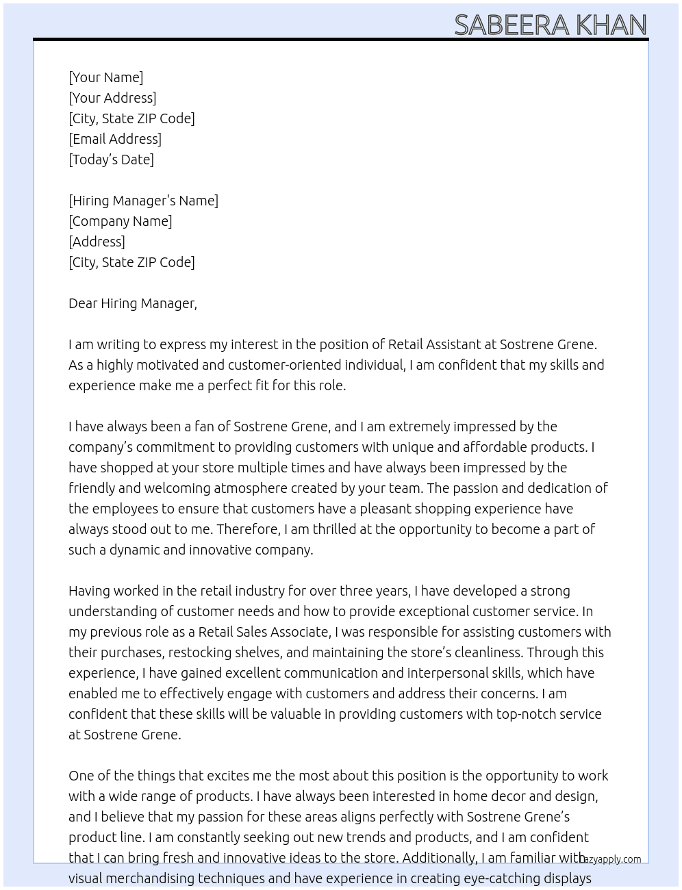 Retail assistant At Sostrene Grene Cover Letter