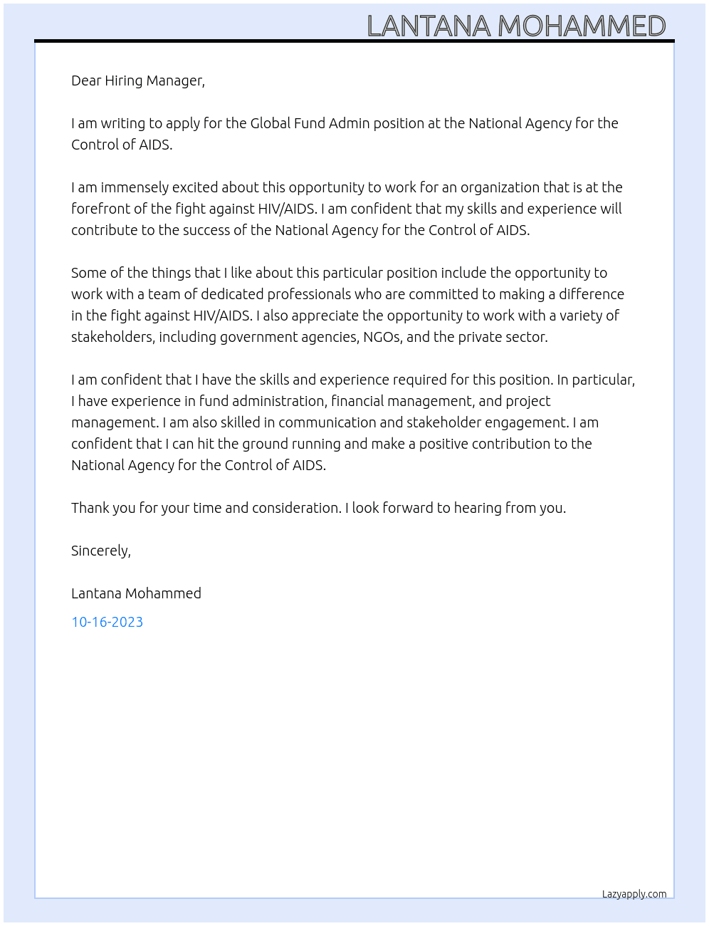Global Fund Admin At National Agency for the Control of AIDS  Cover Letter