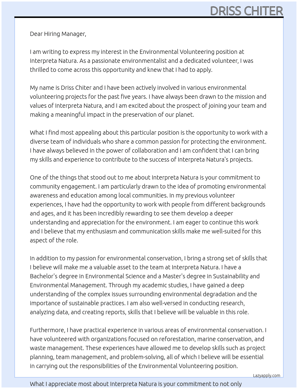 Environmental volunteering At Interpreta Natura Cover Letter