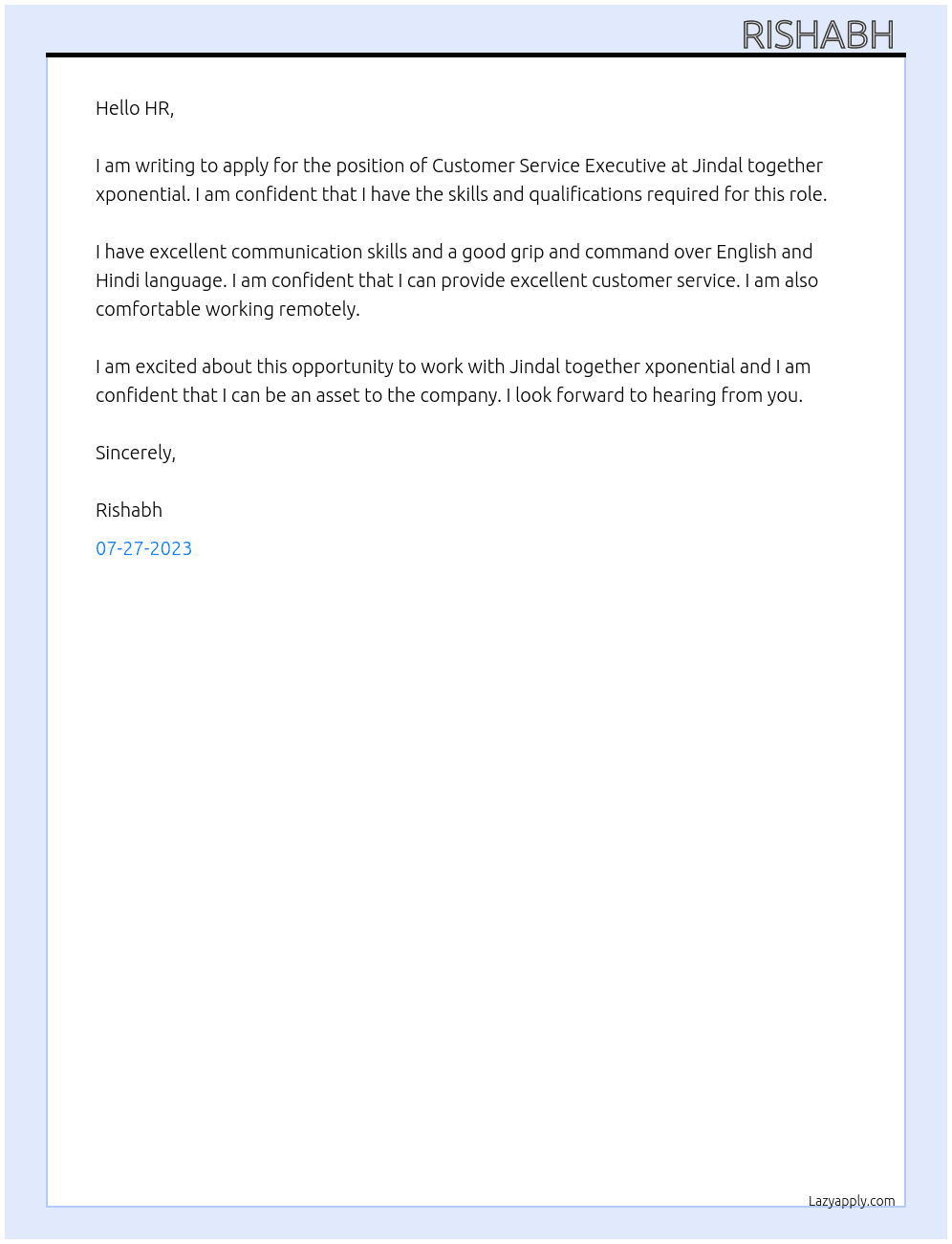Customer service executive  At Jindal together xponential  Cover Letter