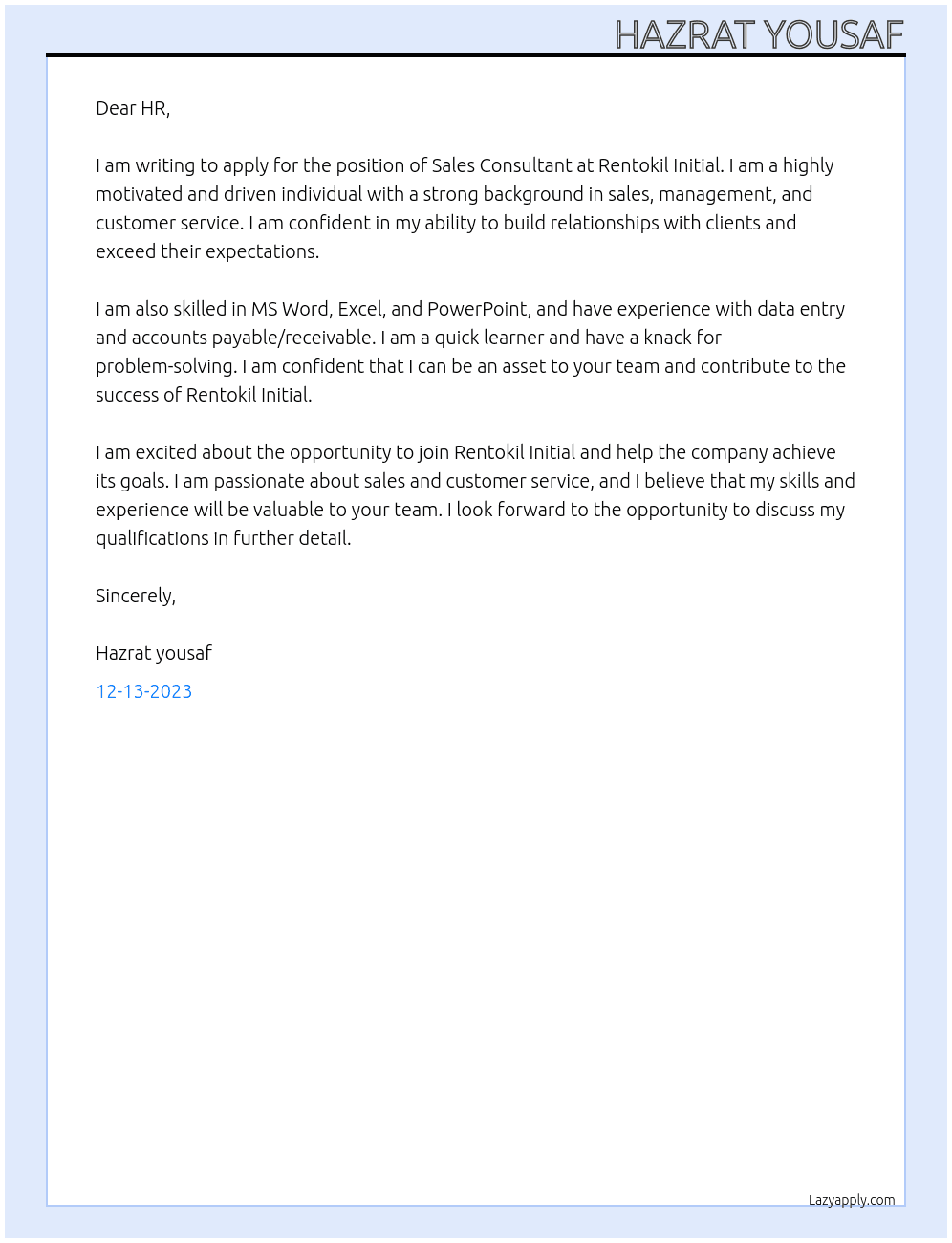 Sales Consultant At Rentokil initial Cover Letter