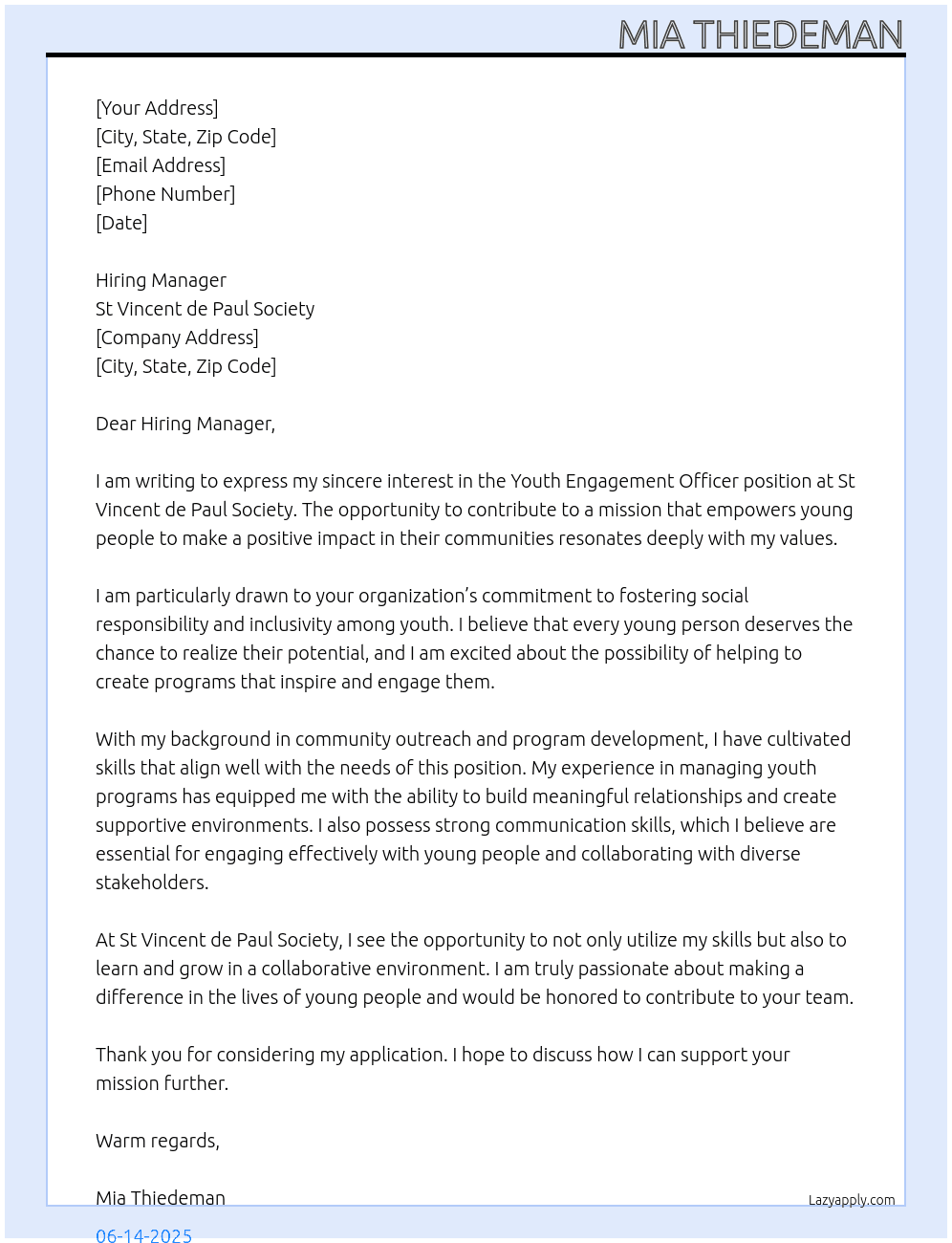 Youth Engagement Officer At St Vincent de Paul Society Cover Letter