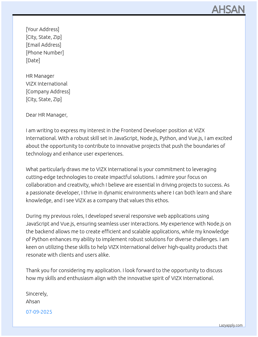 Frontend Developer At VIZX International Cover Letter