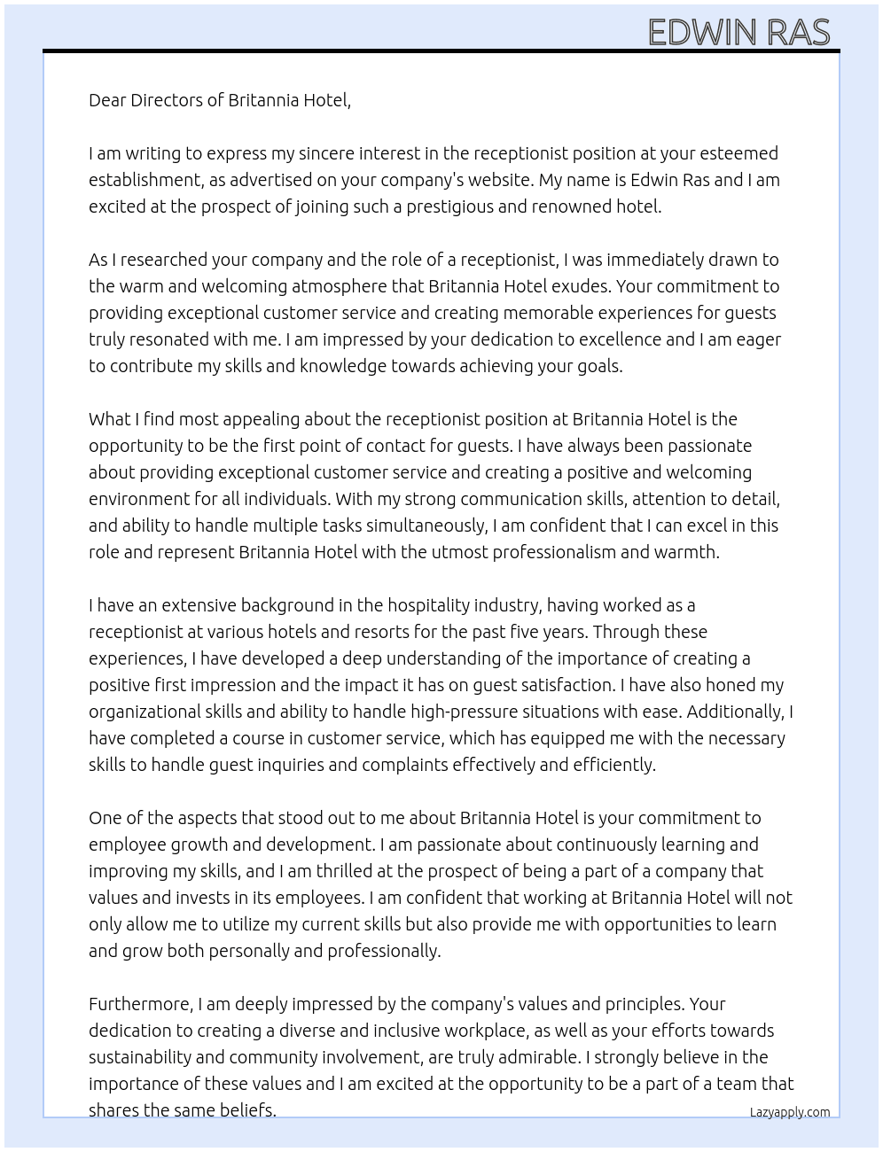 receptionist At Britannia Hotel  Cover Letter