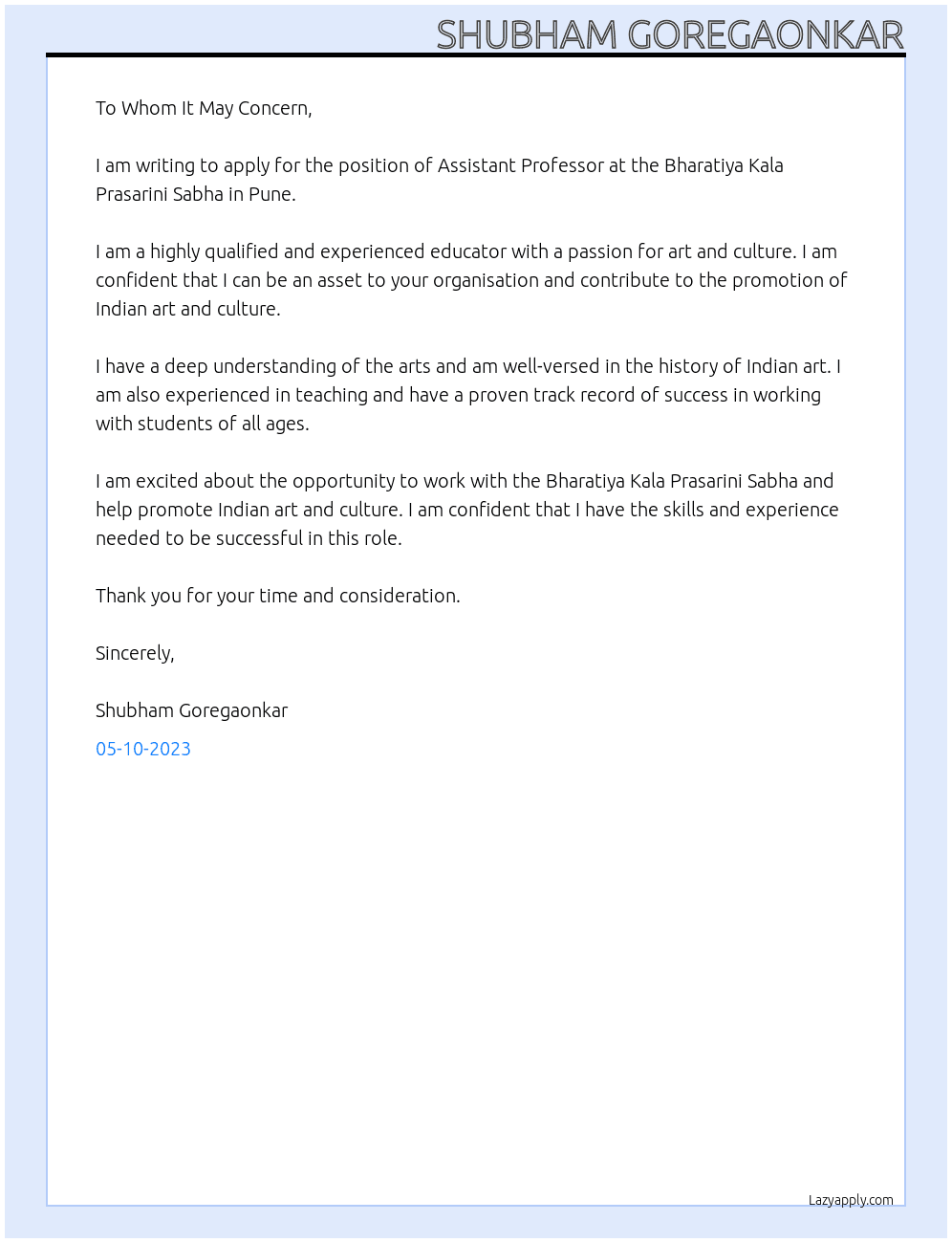 Application for position of Assistant Professor At Assistant Professor Cover Letter