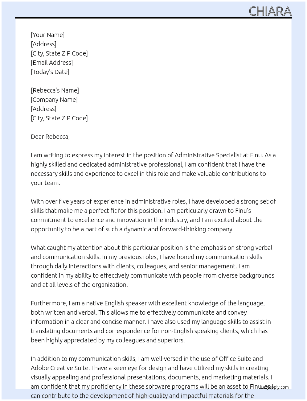 Administrative Specialist At Finu Cover Letter