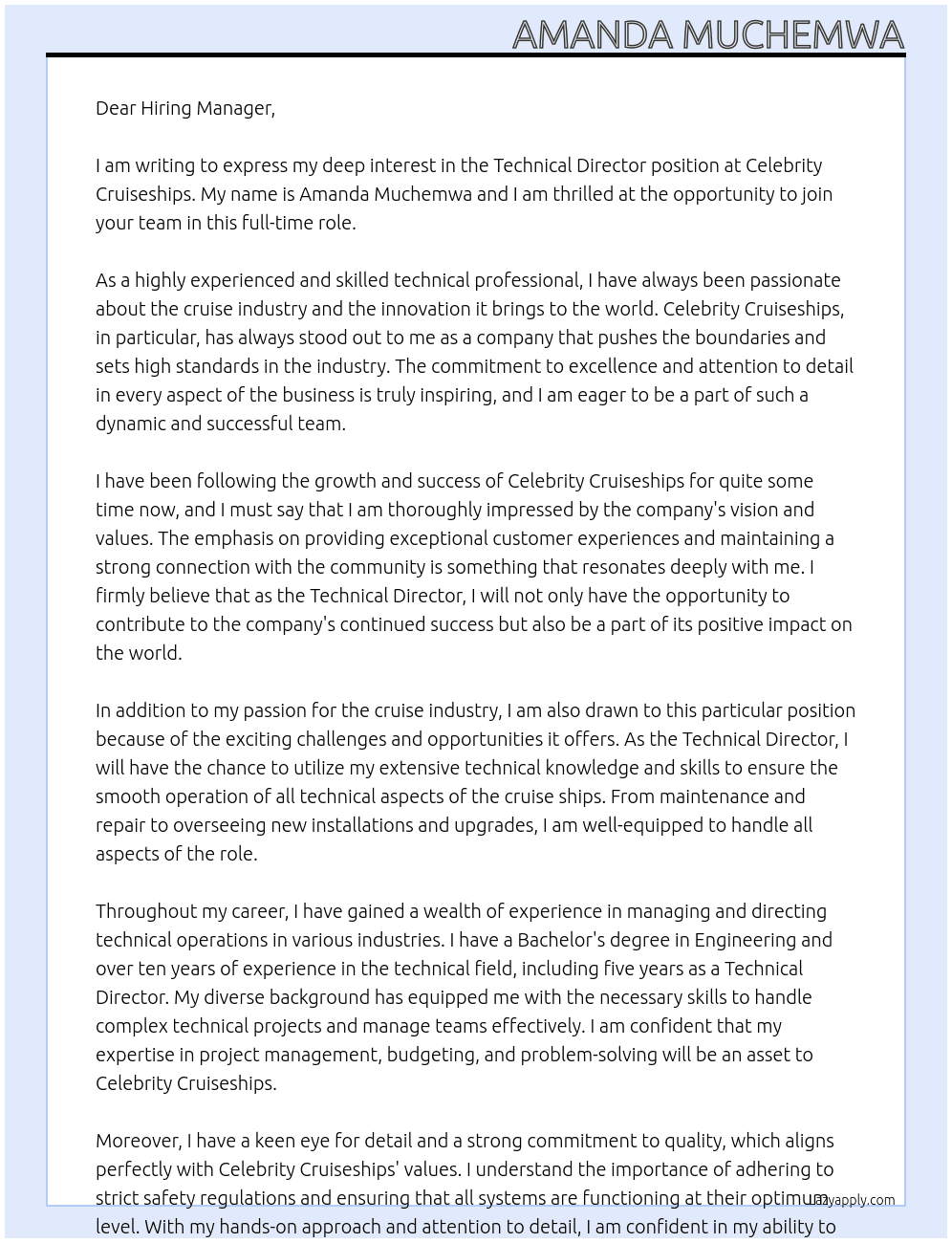 technical director At Celebrity Cruiseships Cover Letter