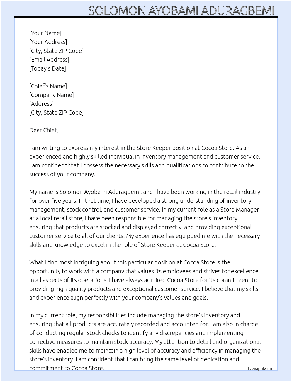 Store keeper At Cocoa store  Cover Letter