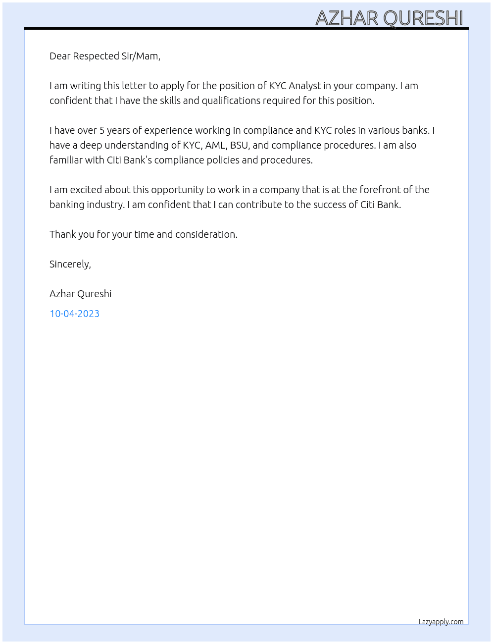KYC Analyst  At Citi Bank  Cover Letter