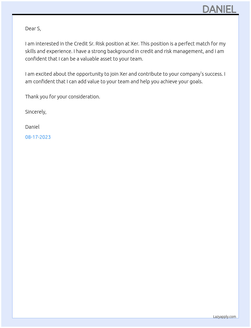 Credit Sr. Risk At Xer Cover Letter