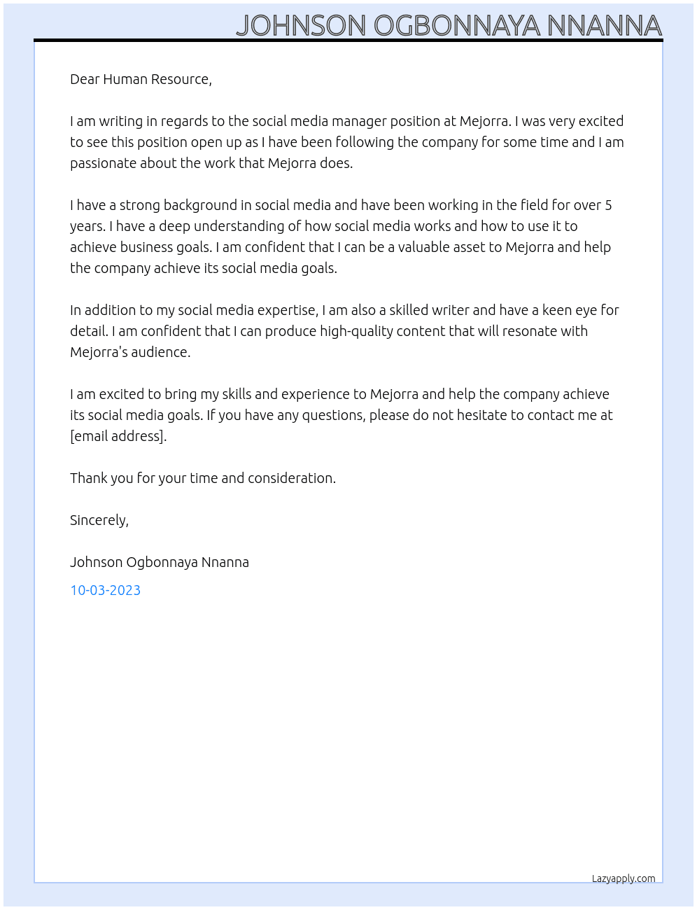 Social media manager At Mejorra Cover Letter