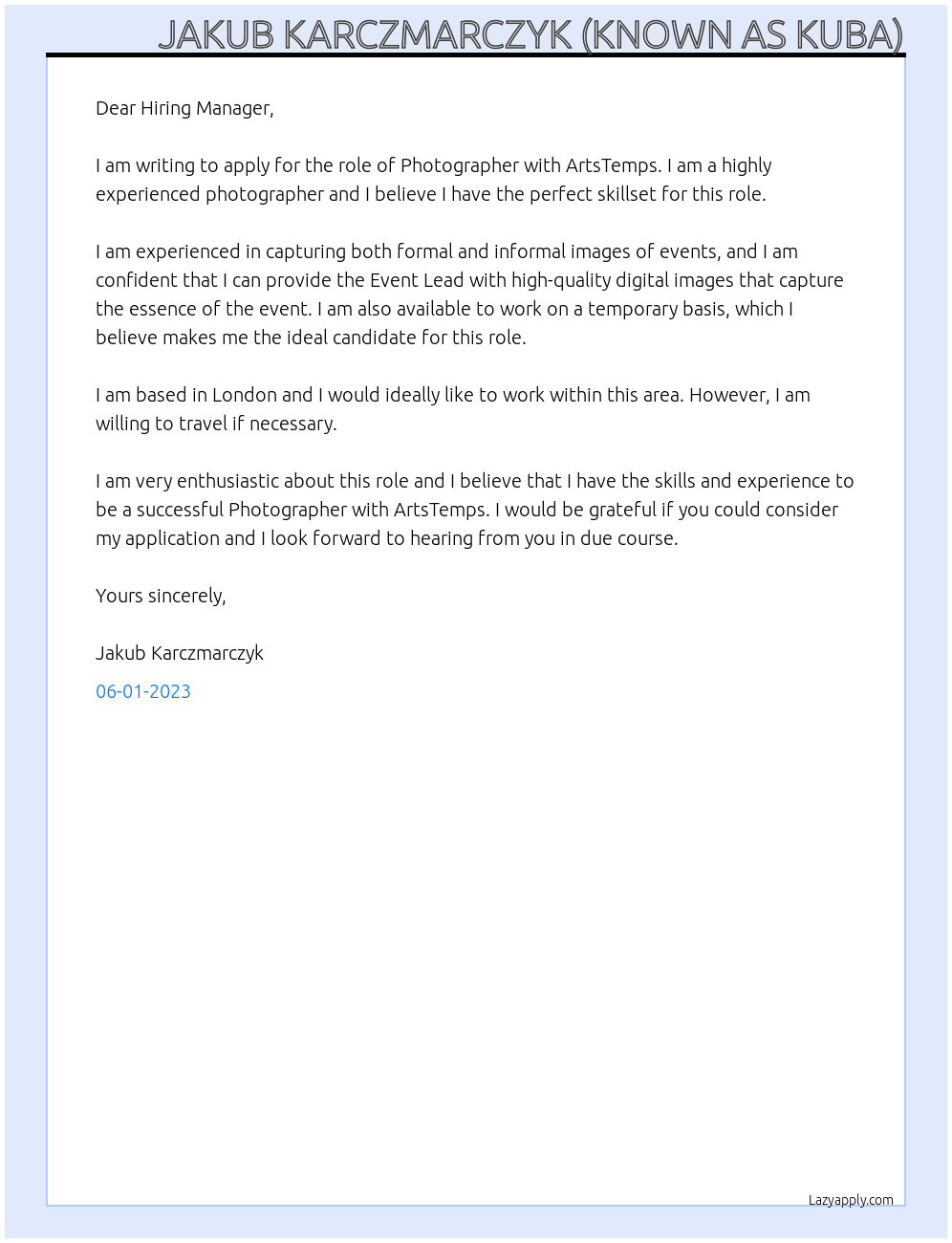 Photographer  At ArtsTemps Cover Letter