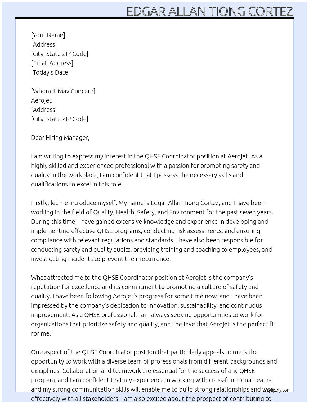 QHSE Coordinator At Aerojet Cover Letter
