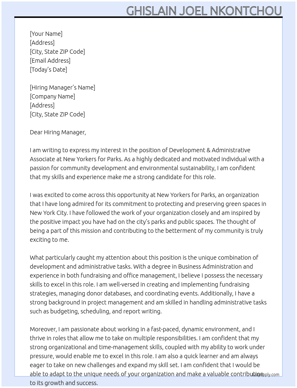 Development & Administrative Associate At New Yorkers for Parks Cover Letter