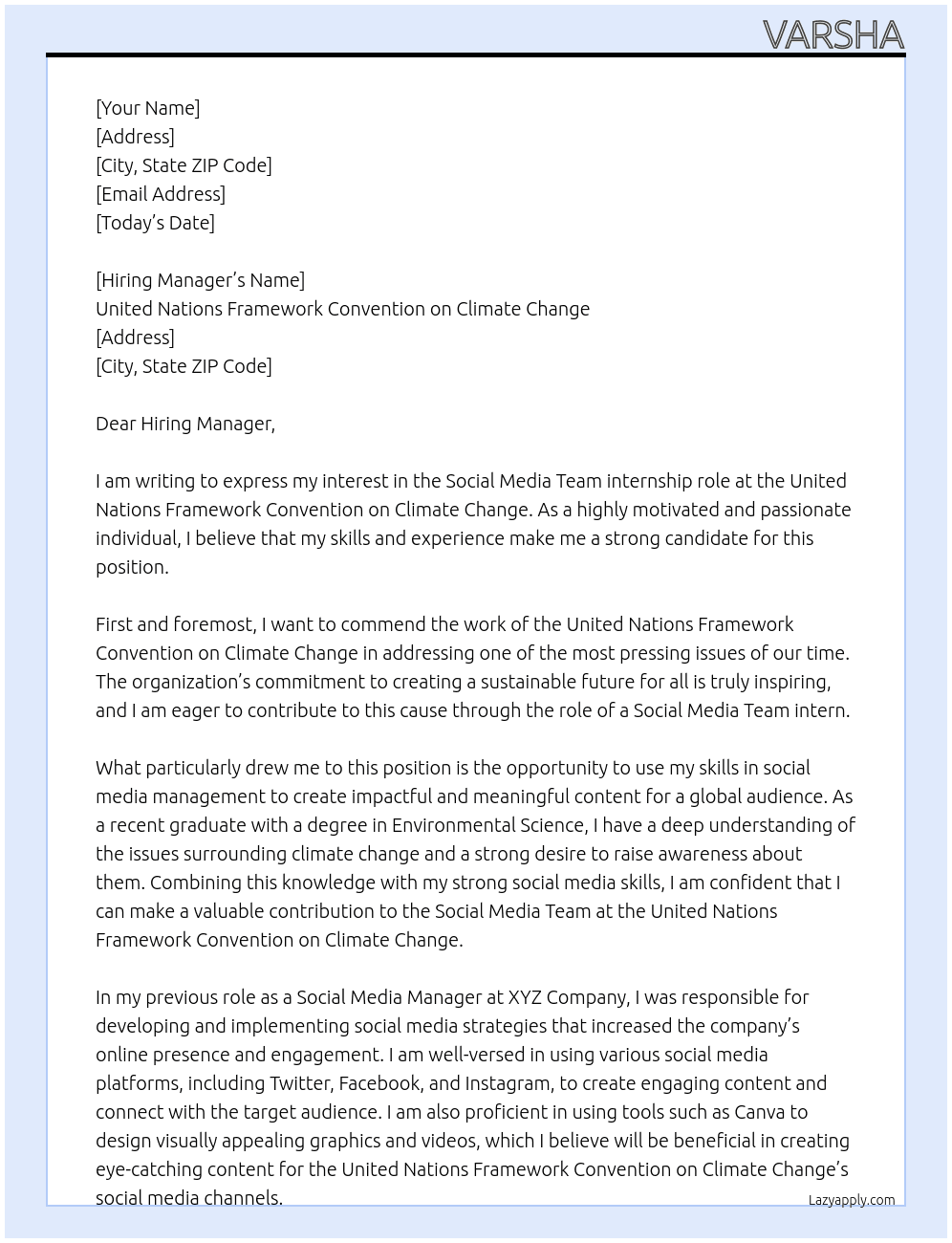 social media teama At United Nations Framework Convention on Climate Change Cover Letter