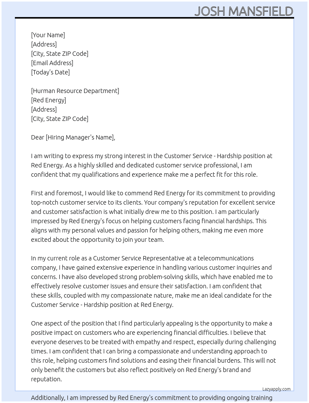 Customer Service - Hardship At Red Energy Cover Letter