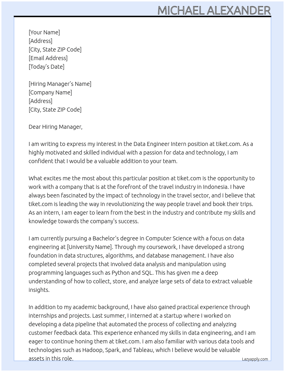 Data engineer intern At tiket.com Cover Letter