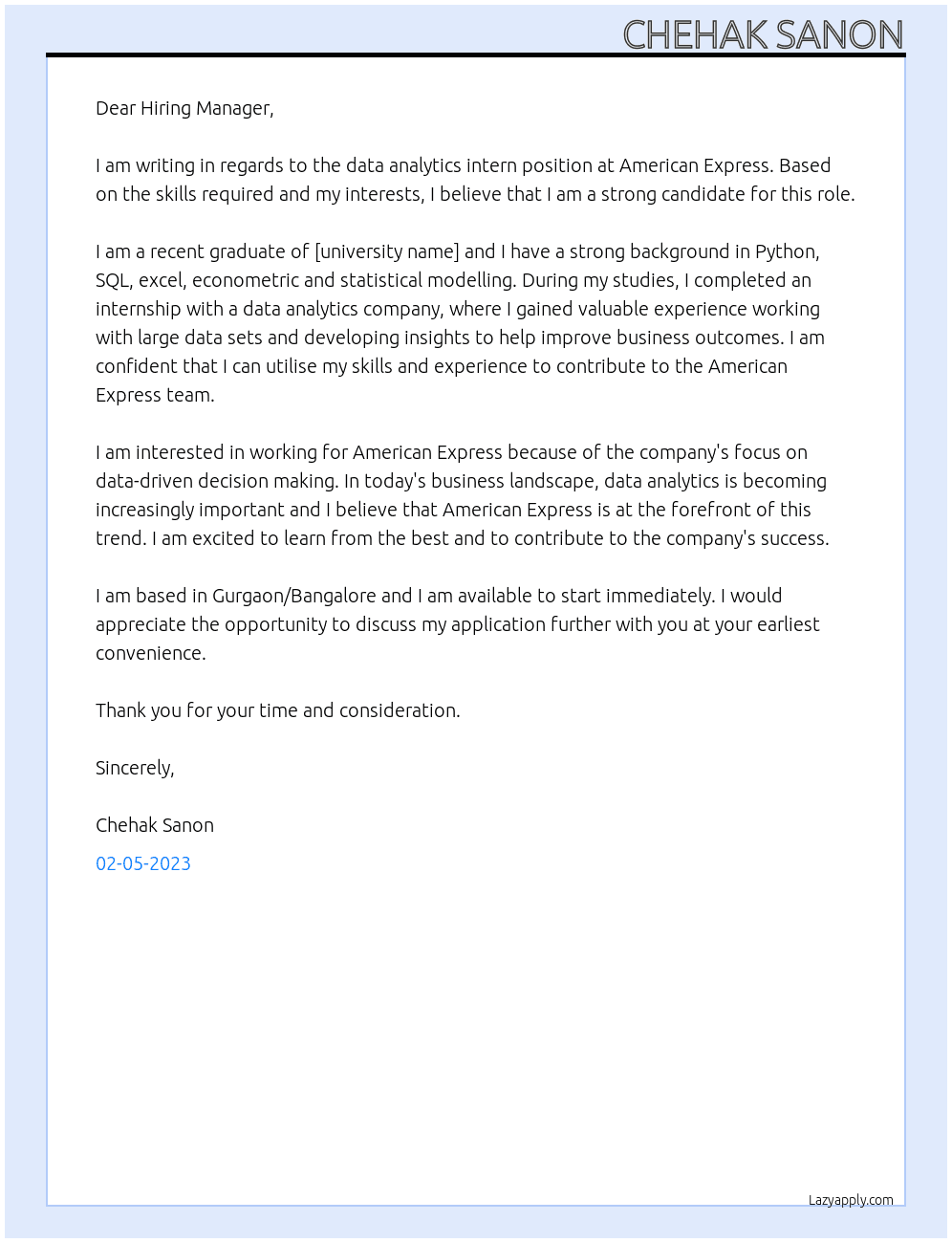 Data analytics intern At American Express Cover Letter