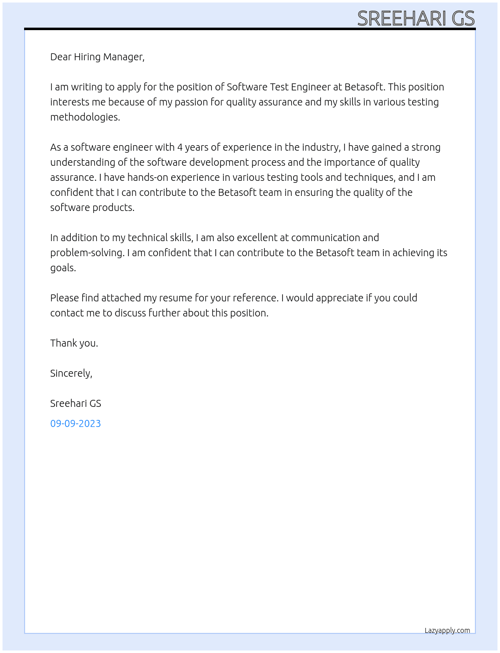 Software Test Engineer At Betasoft Cover Letter