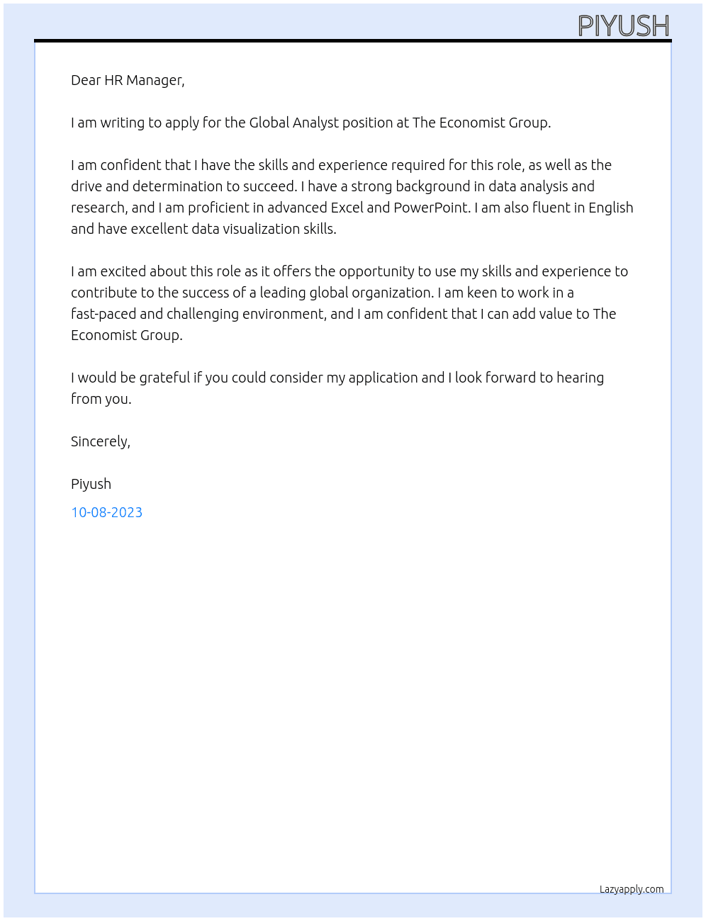 Global Analyst At The Economist Group Cover Letter