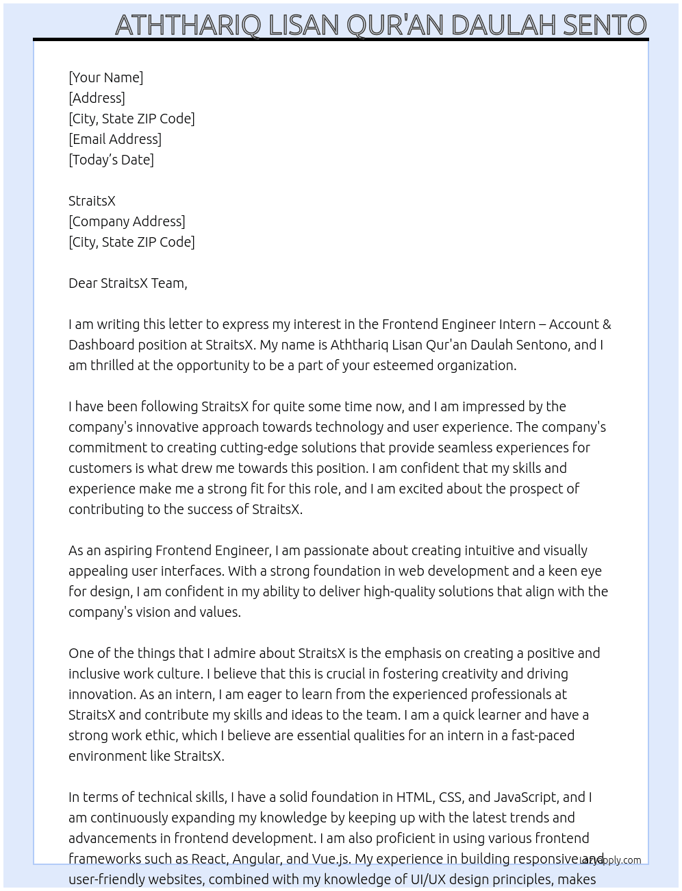 Frontend Engineer Intern - Account & Dashboard At StraitsX Cover Letter