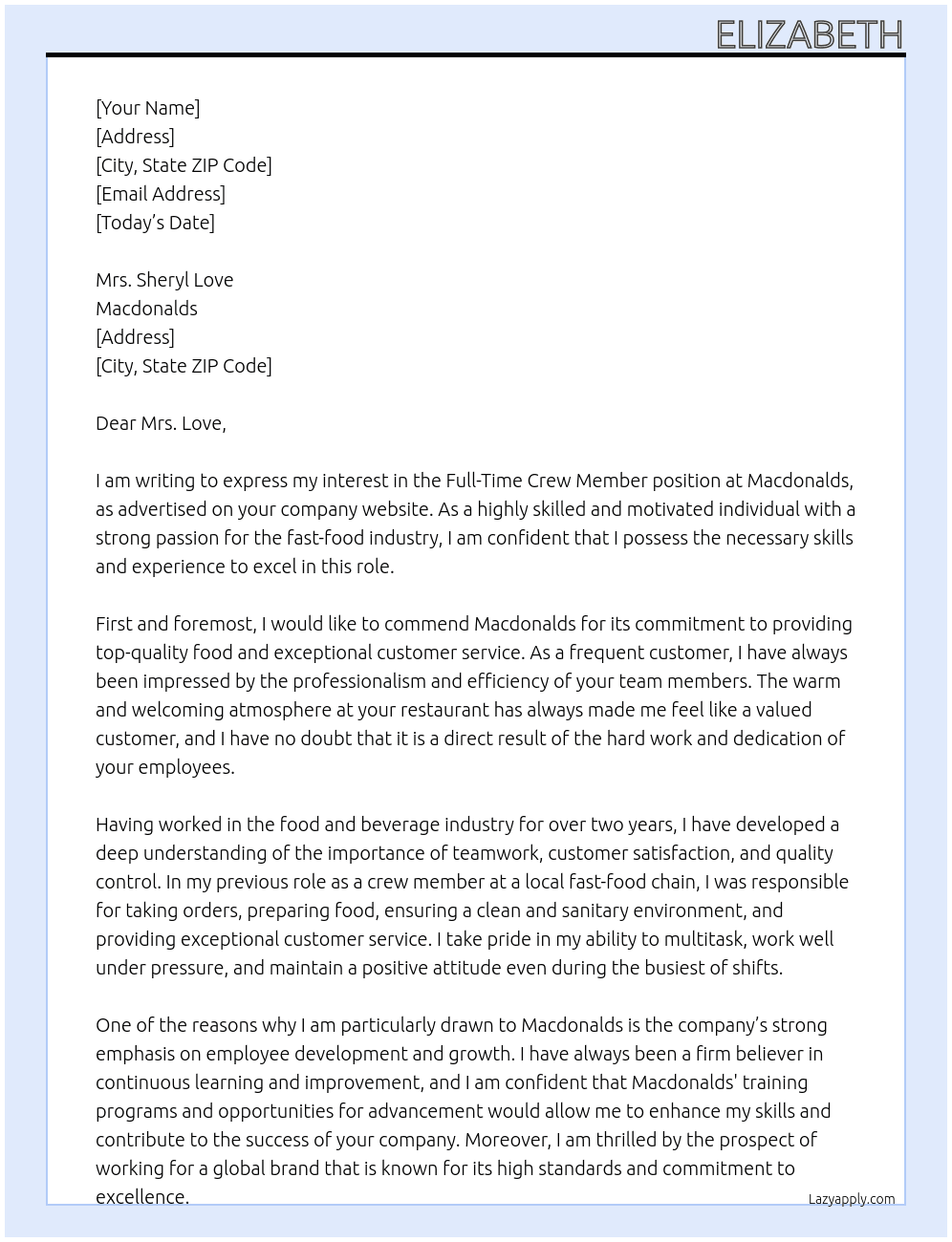 Full-Time Crew Member At Macdonalds Cover Letter