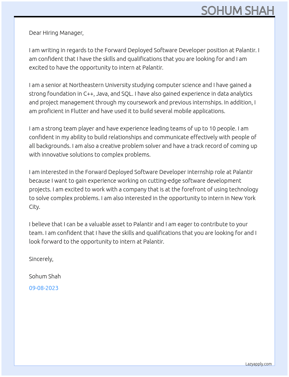 Forward Deployed Software Developer At Palantir Cover Letter