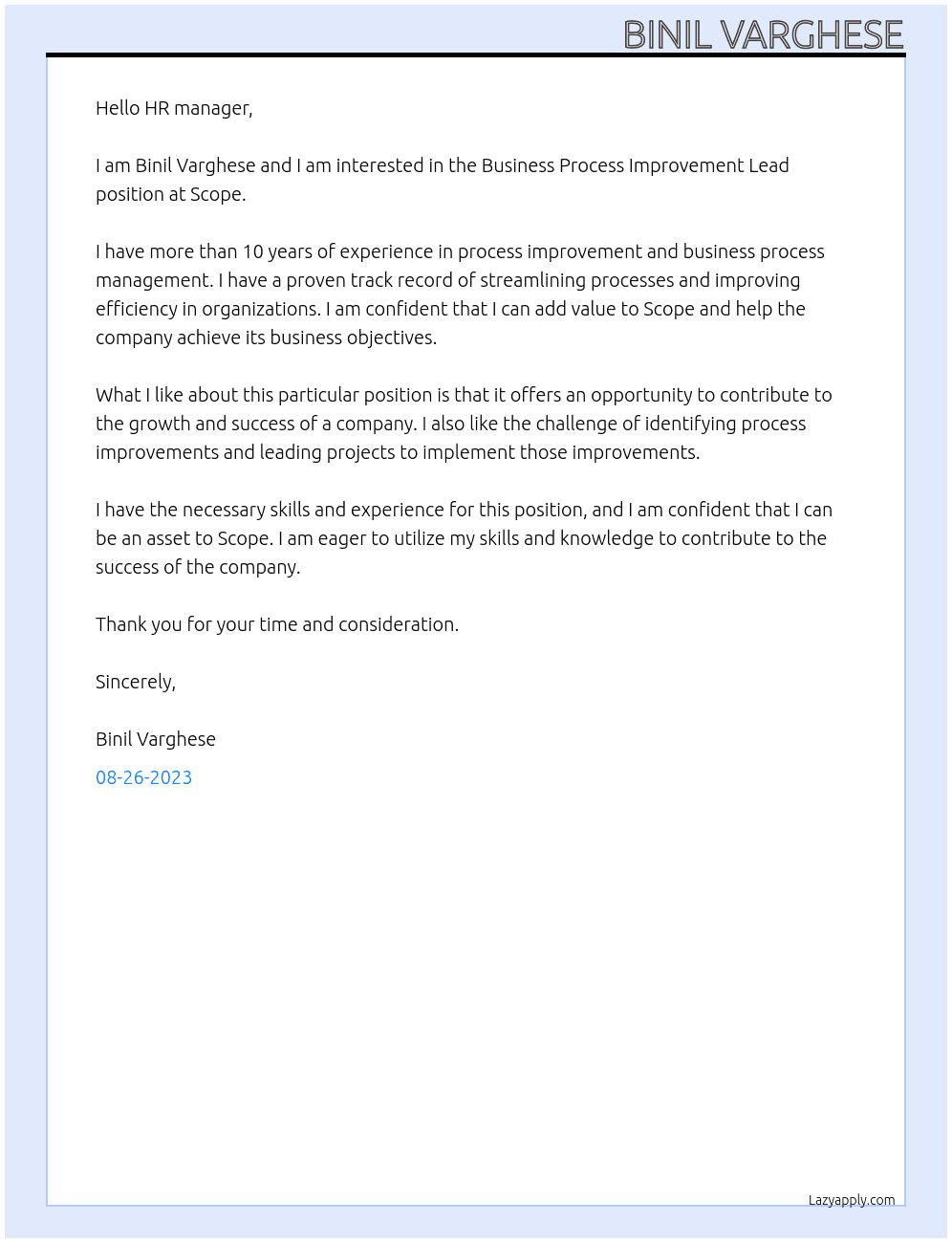 Business Process Improvement Lead At Scope Cover Letter