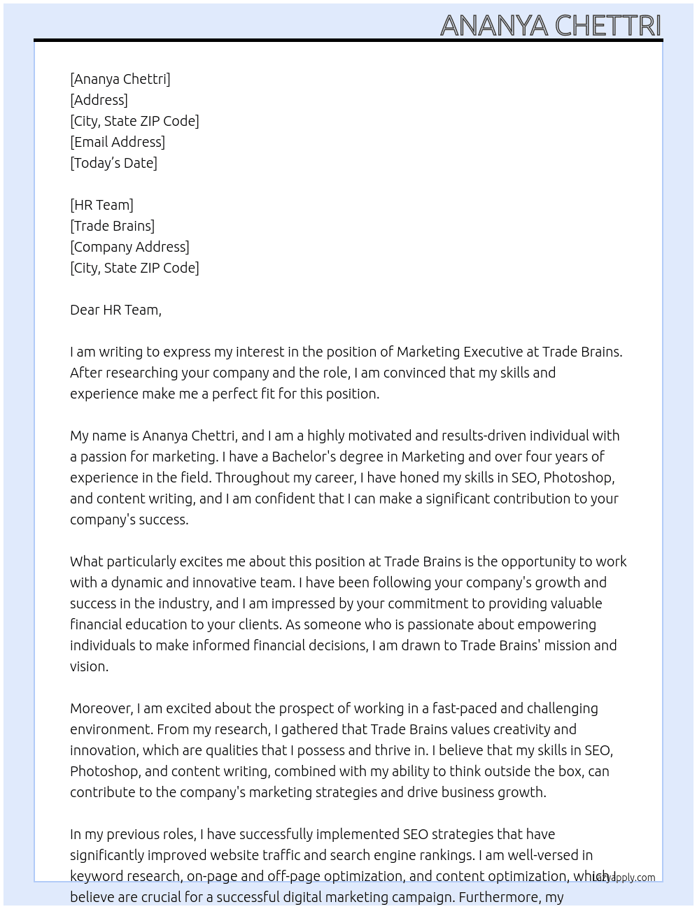 Marketing executive At Trade brains  Cover Letter