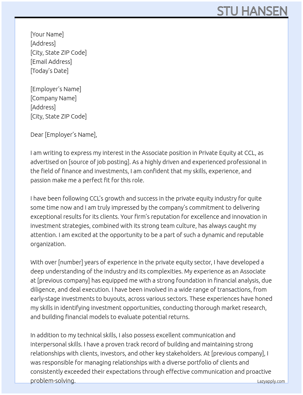 Associate, Private Equity At CCL Cover Letter
