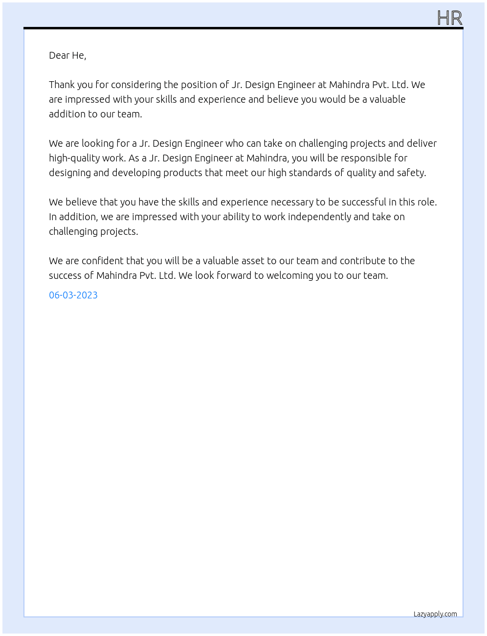 Jr. Design engineer  At Mahindra pvt. Ltd Cover Letter