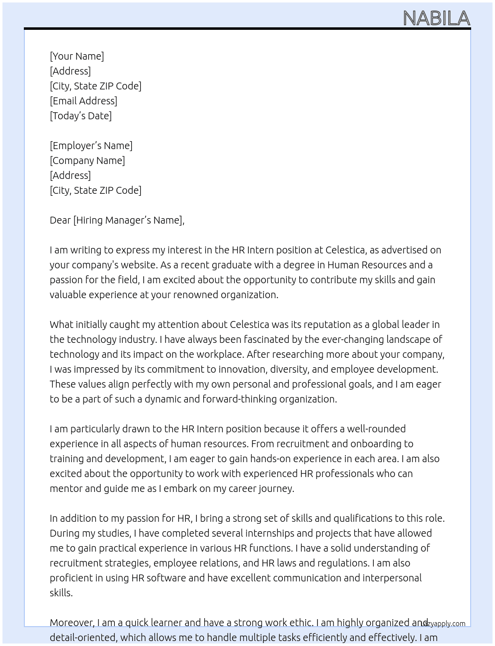 Hr intern At Celestica Cover Letter