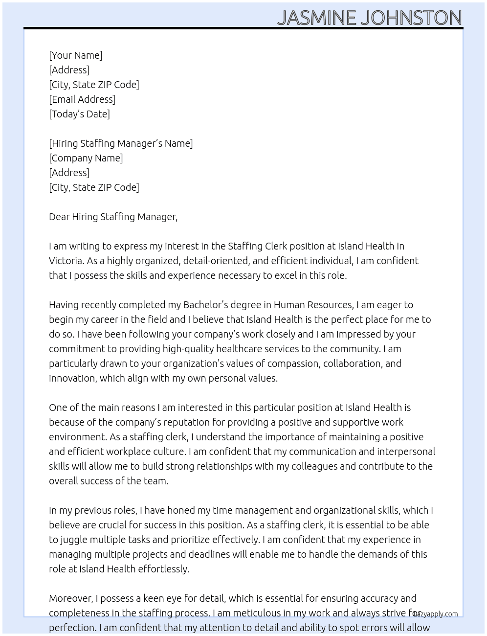 staffing clerk At Island Health Cover Letter