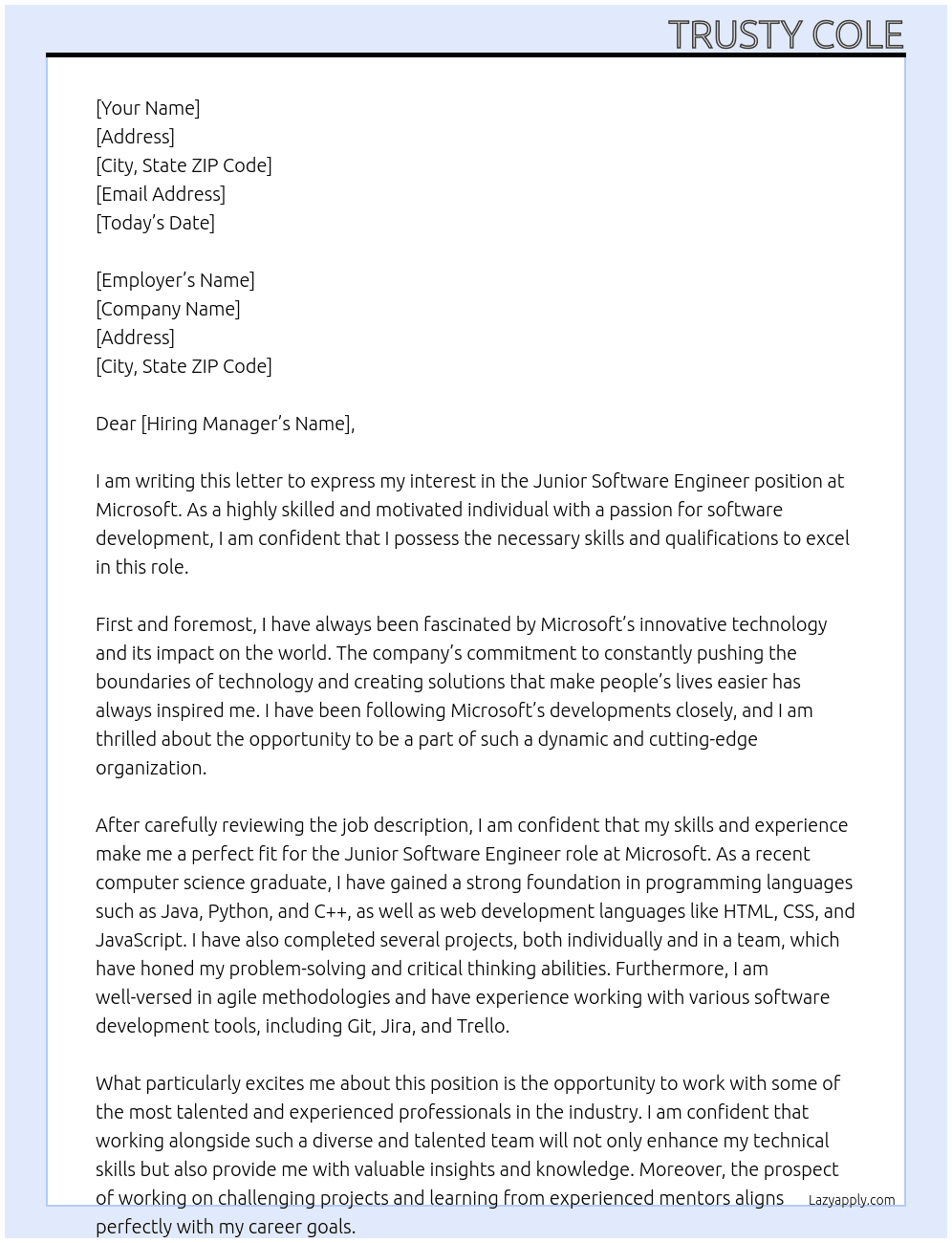 Junior Software Engineer At Microsoft Cover Letter