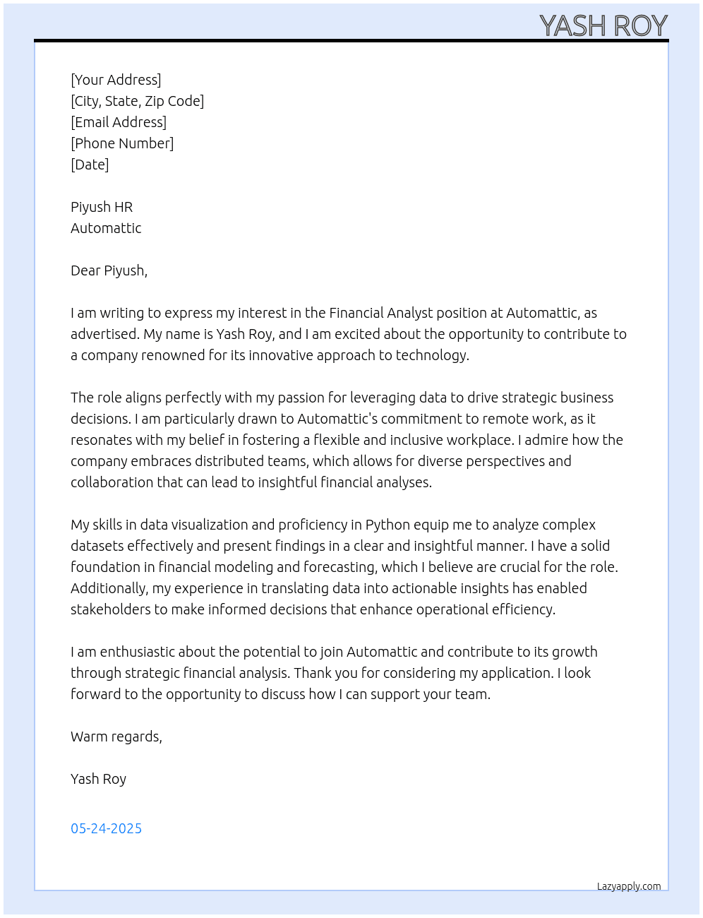 Cover letter for financial analysis - LazyApply