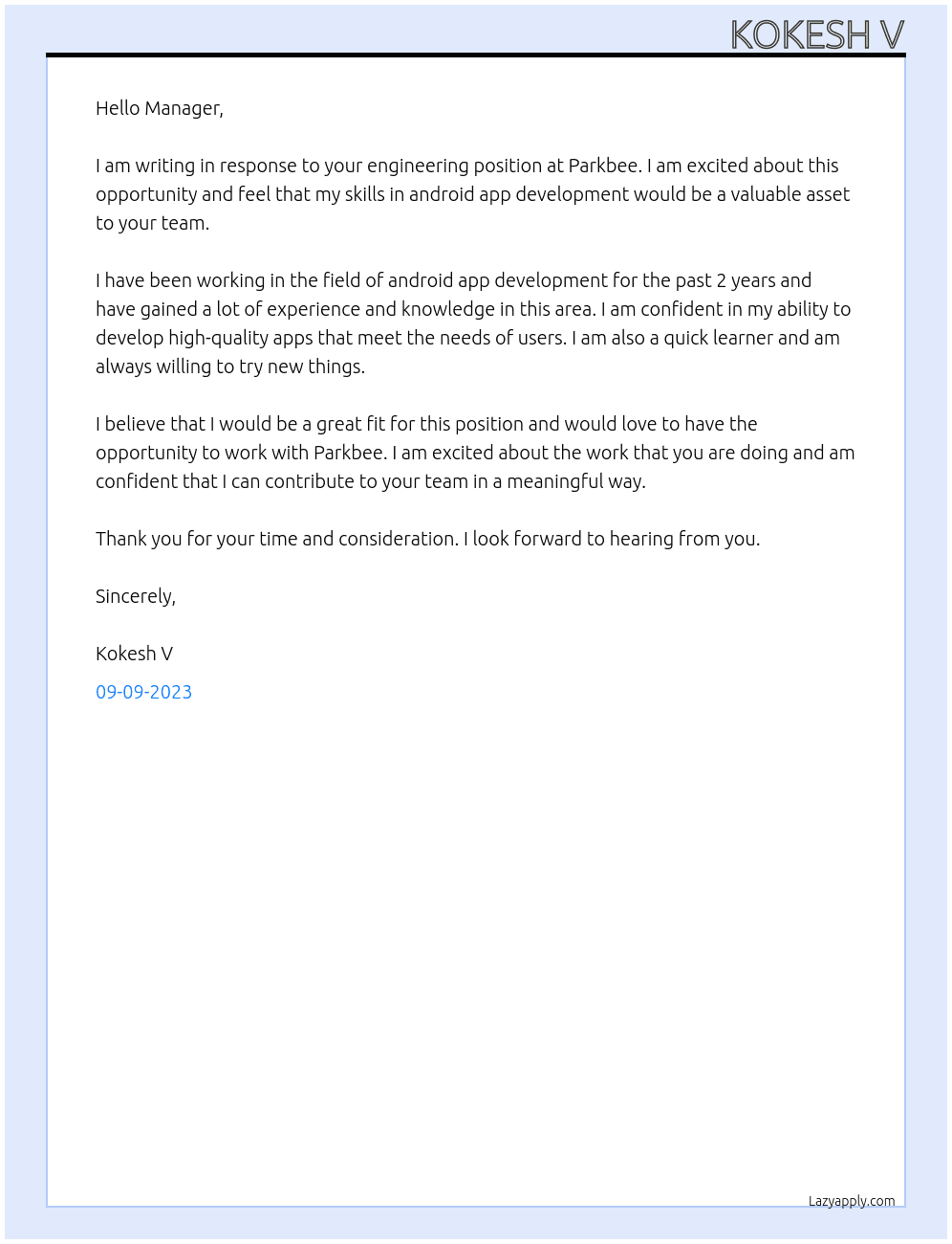 engineering  At parkbee Cover Letter