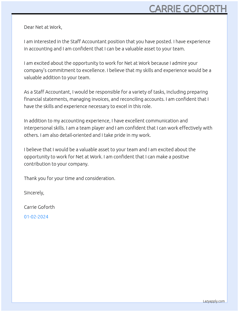 Staff Accountant At Net at Work Cover Letter