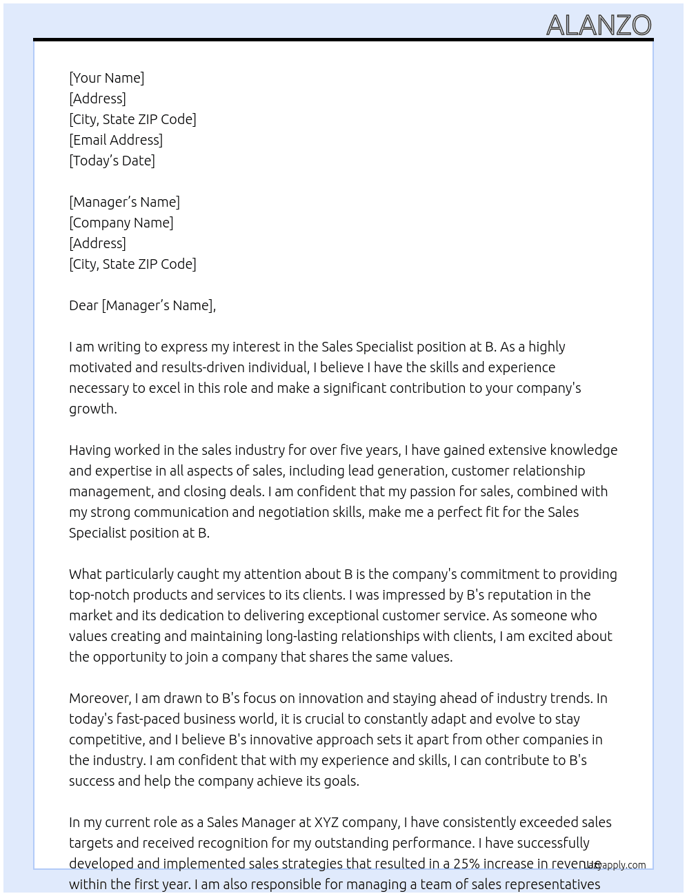 Sales Specialist At B Cover Letter