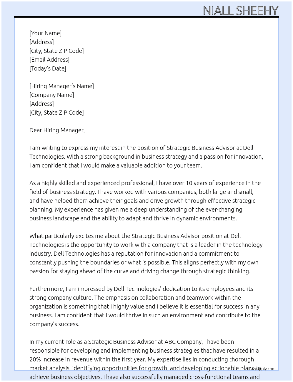 Strategic Business Advisor At Dell Technologies Cover Letter