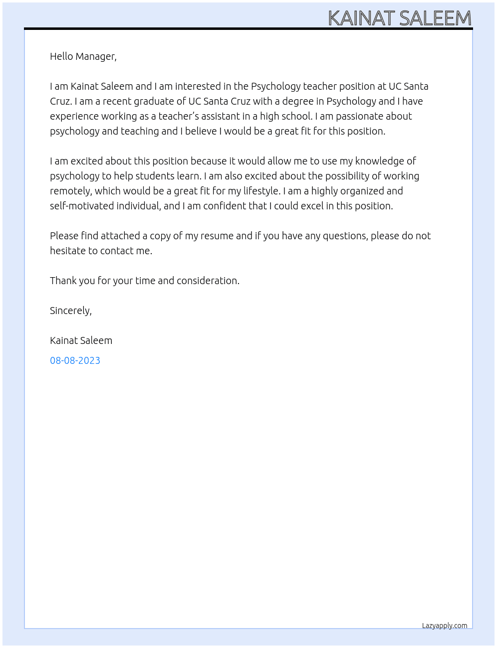 Psychology teacher At UC Santa Cruz Cover Letter