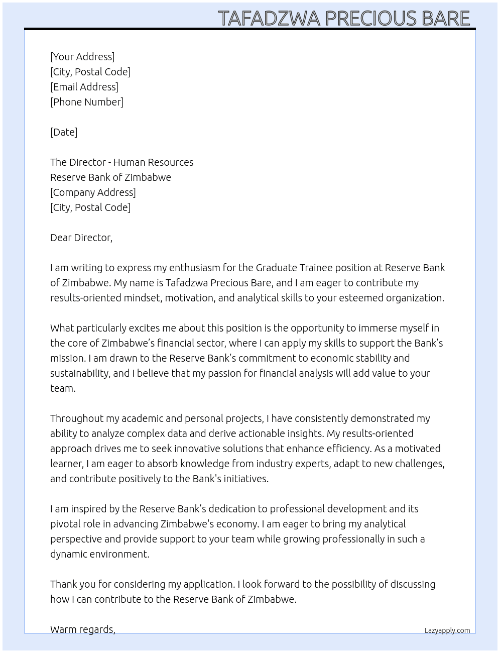 Graduate trainee  At Reserve Bank of Zimbabwe  Cover Letter