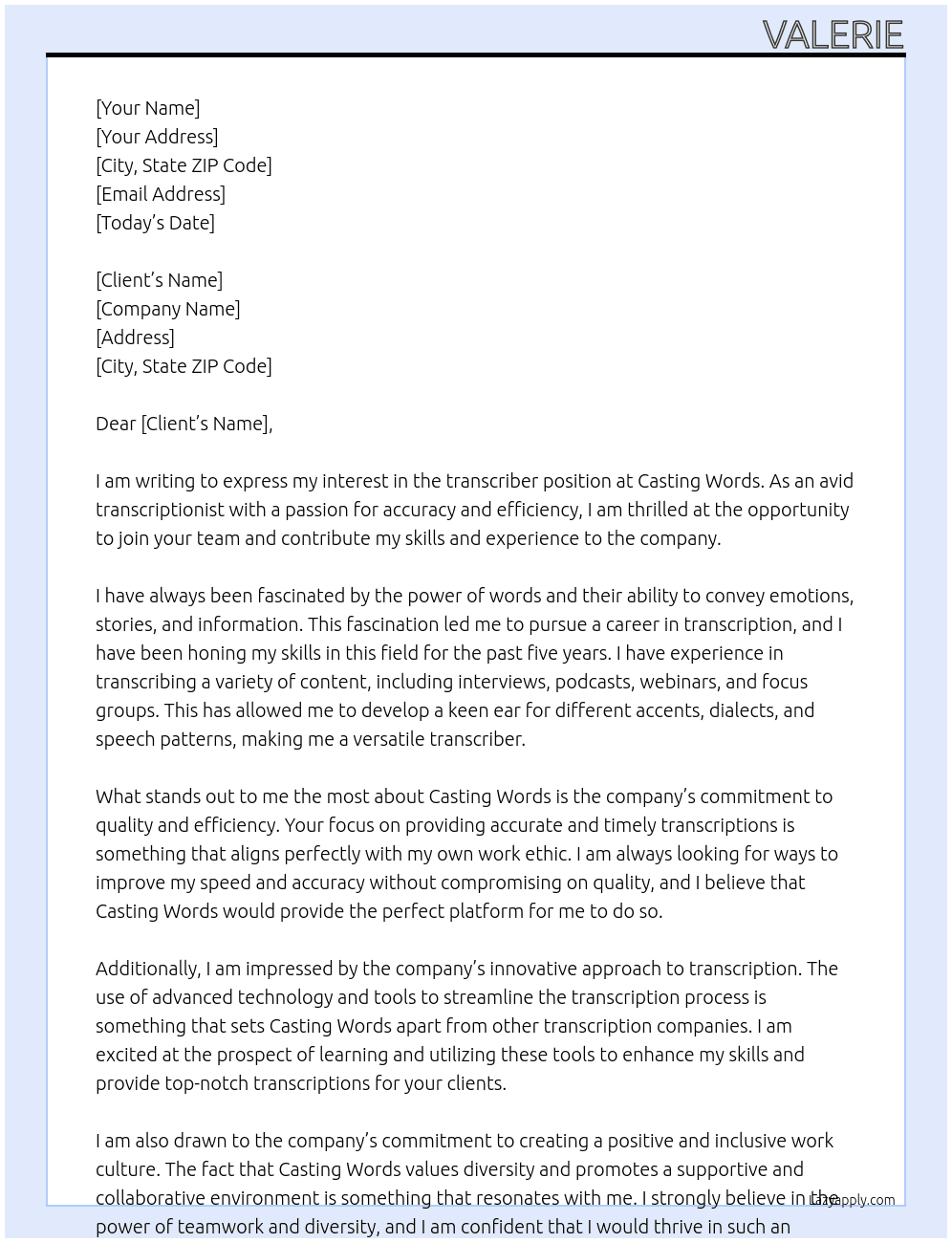 transcriber At casting words Cover Letter