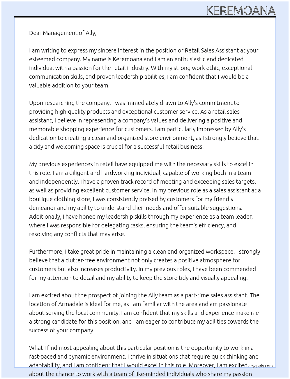 Retail sales assistant  At Ally  Cover Letter
