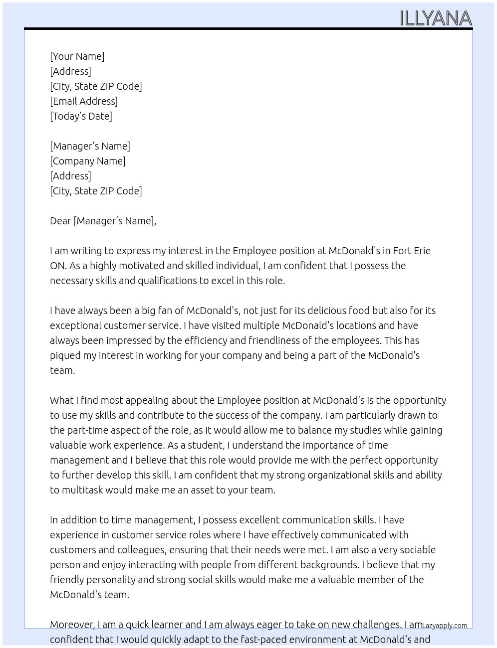 Employee At McDonald's Cover Letter