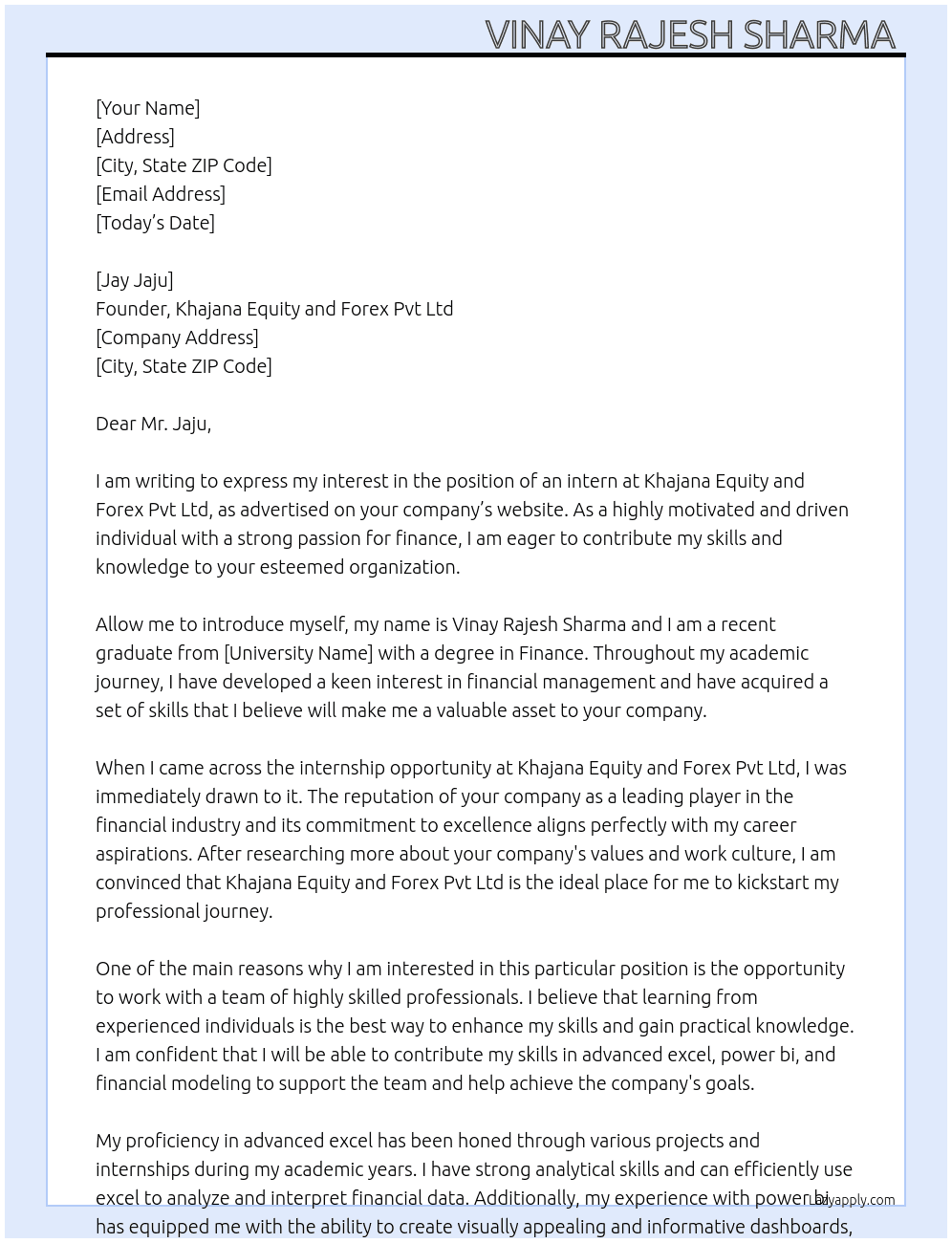 Intern At Khajana Equity and Forex pvt ltd Cover Letter