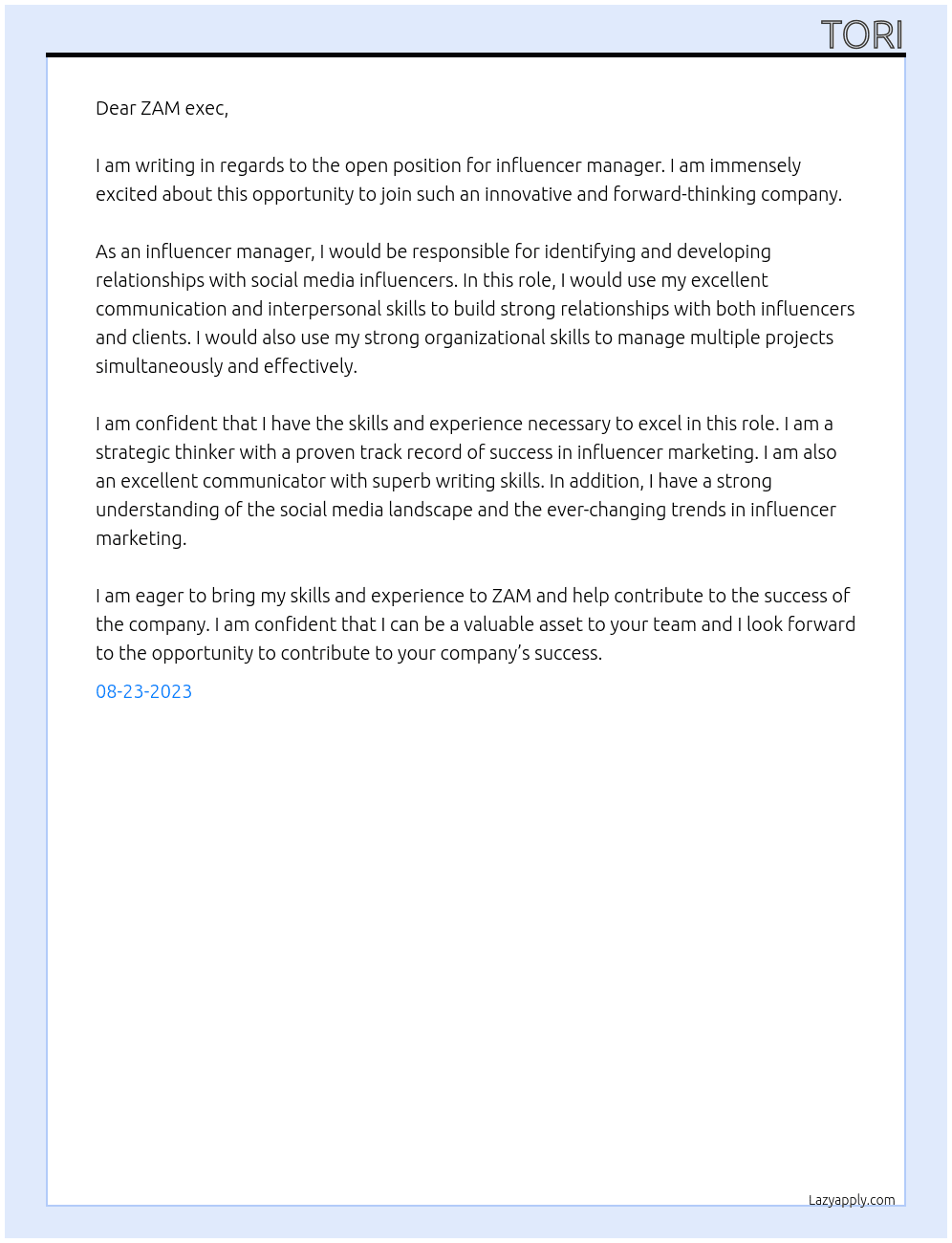 influencer manager At ZAM Cover Letter