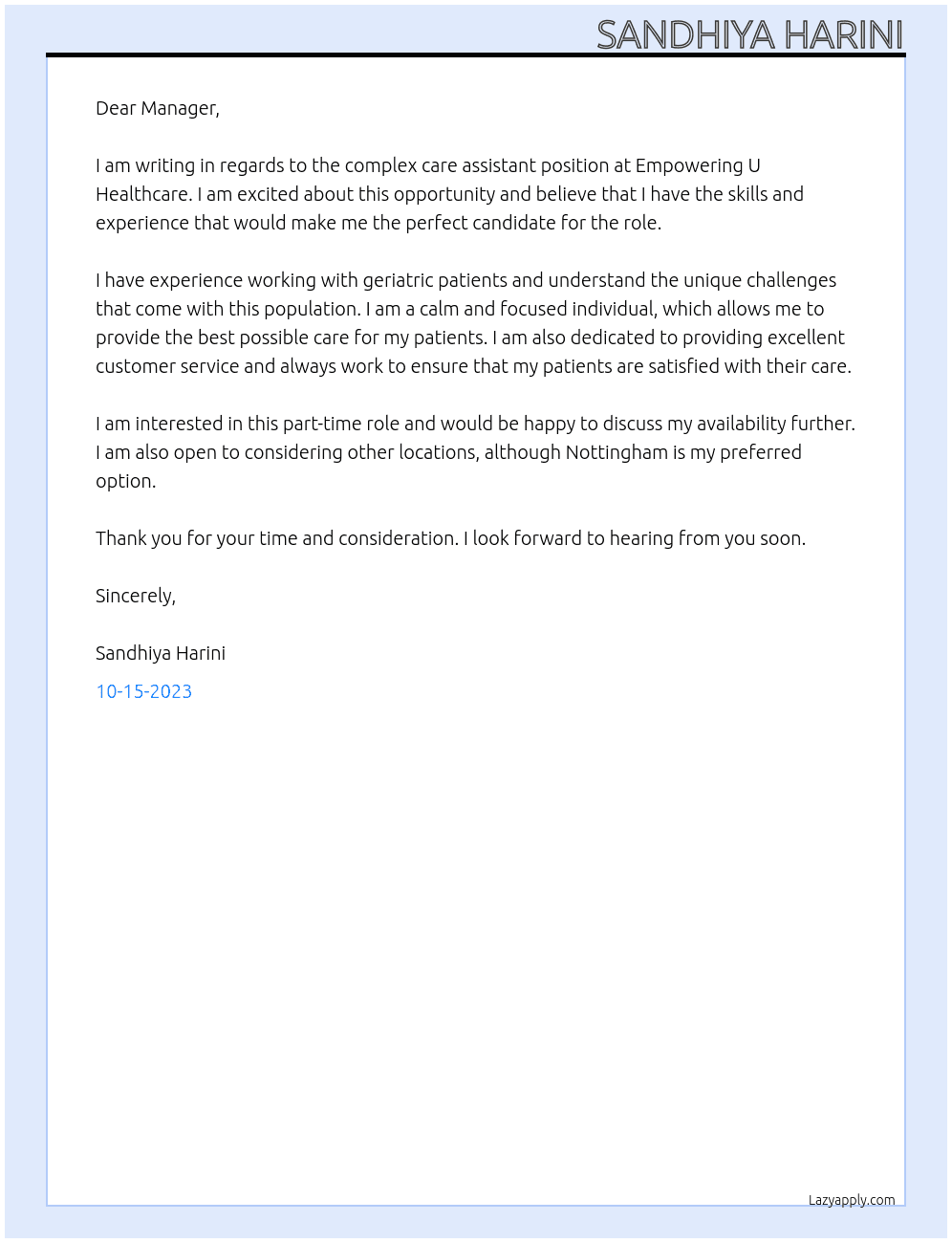 Complex care assistant  At Empowering U Healthcare  Cover Letter