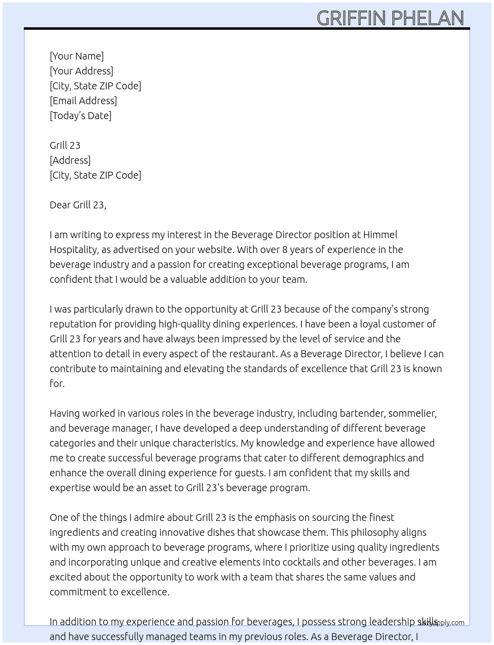 Beverage Director  At Himmel Hospitality  Cover Letter