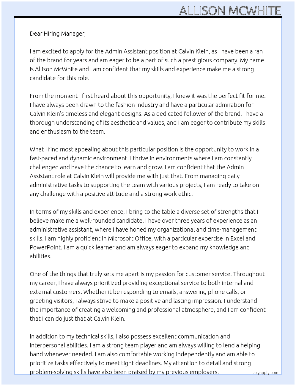 Admin Assistant At Calvin Klien Cover Letter